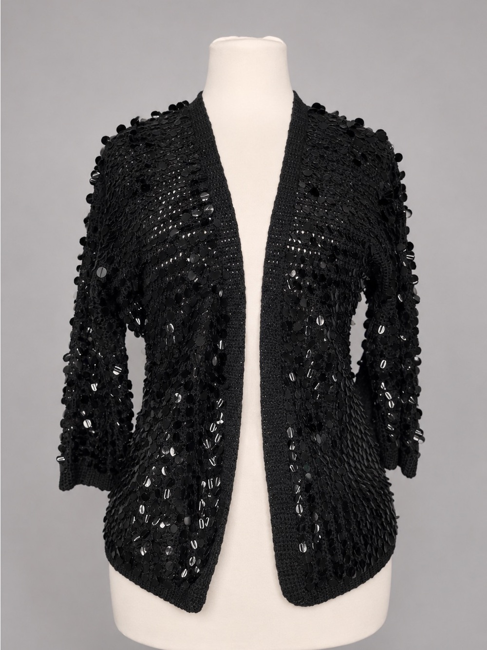 Vintage Robinson Italy Black Sequin Crochet Knit Cardigan Jacket Glam